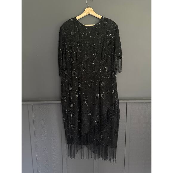 Vintage Black Silk Beaded Flapper Style Sheath Dress by Stenay Size 1X - Picture 1 of 9